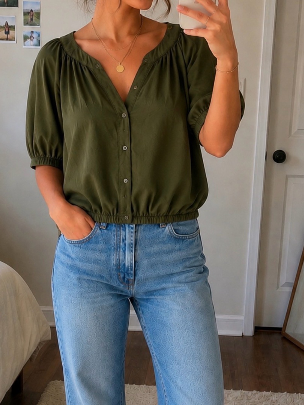 aerie Olive Green Button-Front Blouse